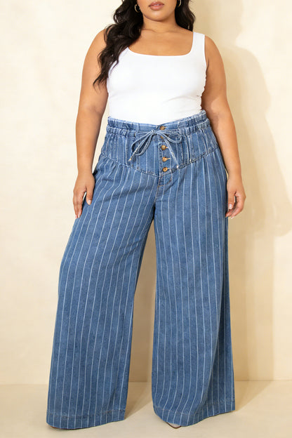 Plus Size Striped Buttoned Wide Leg Denim Pants — back view