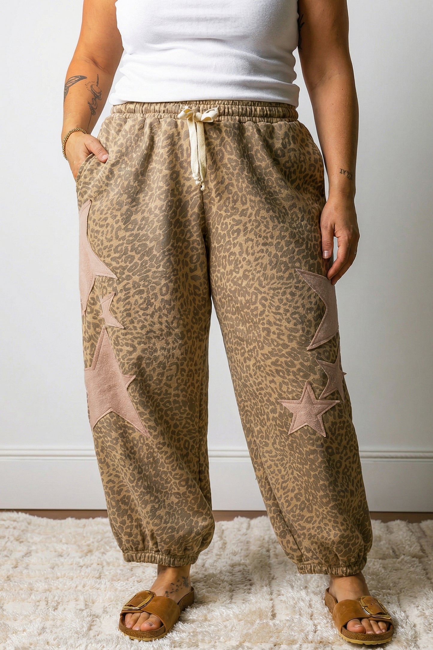 Plus Size Leopard Print Western Star Patched Jogger Pants
