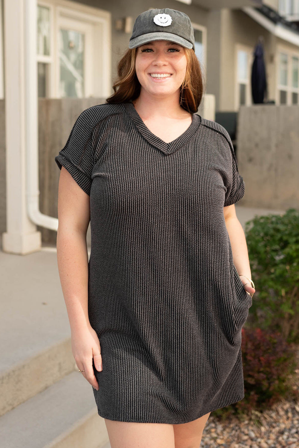 Plus Size Corded V Neck T Shirt Dress with Pockets - Plus Size XL-4XL - View 5