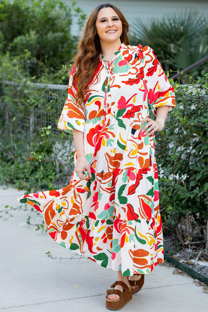 Plus Size Orange Floral Print Drawstring V Neck Tiered Dress - Plus Size XL-4XL - View 1