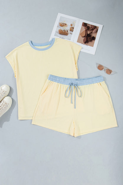 Plus Size Ribbed Color Block Trim Drawstring Shorts Set