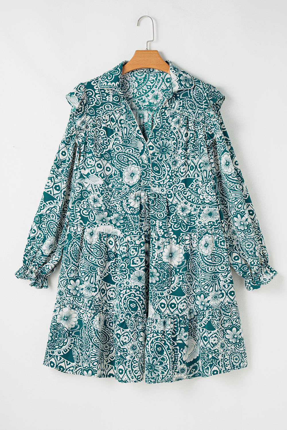 Plus Size Green Floral Flounce Sleeve Split Neck Dress - Plus Size XL-4XL - View 8