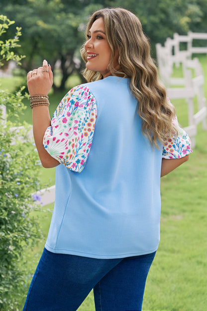 Plus Size Textured Bodice Floral Puff Sleeve Top - Plus Size Clothing