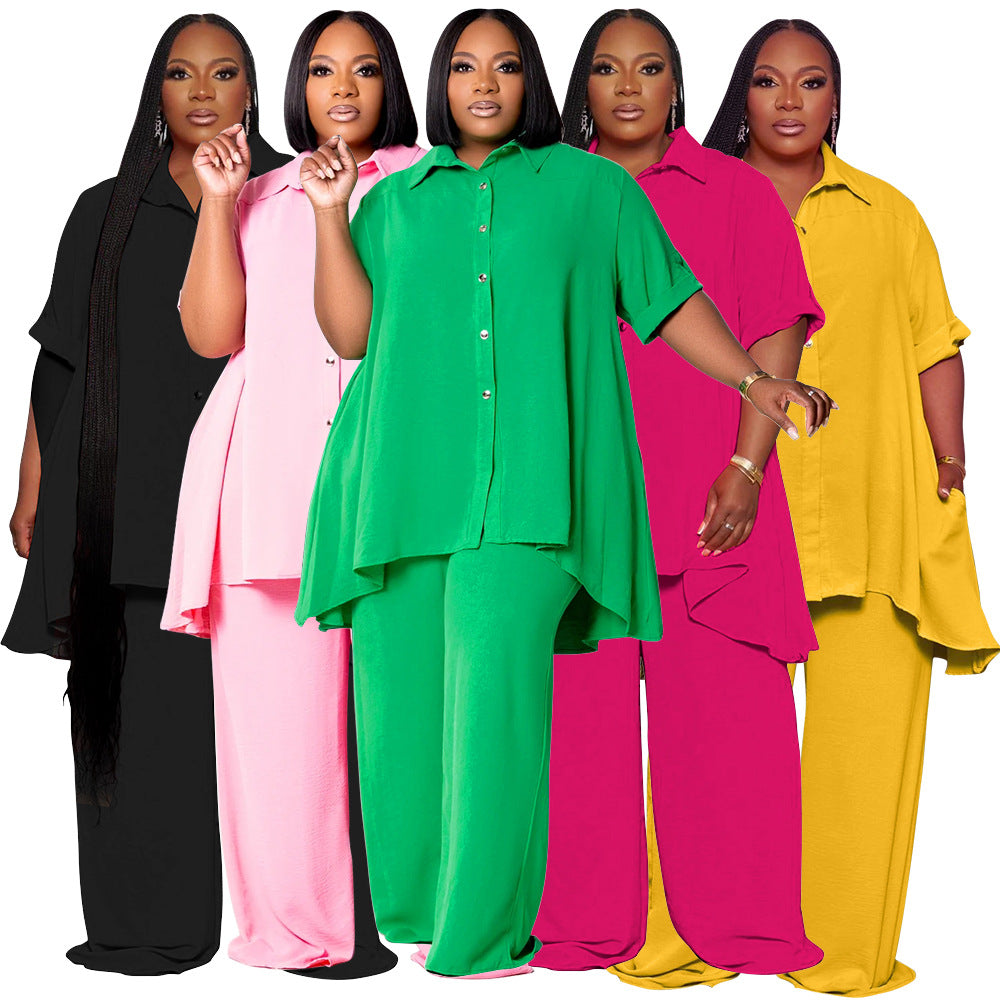 Plus Size Minimalist Button Top Wide Leg Pants Set