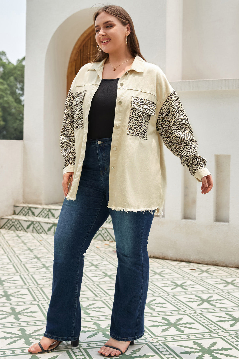 Plus Size Leopard Print Denim Jacket