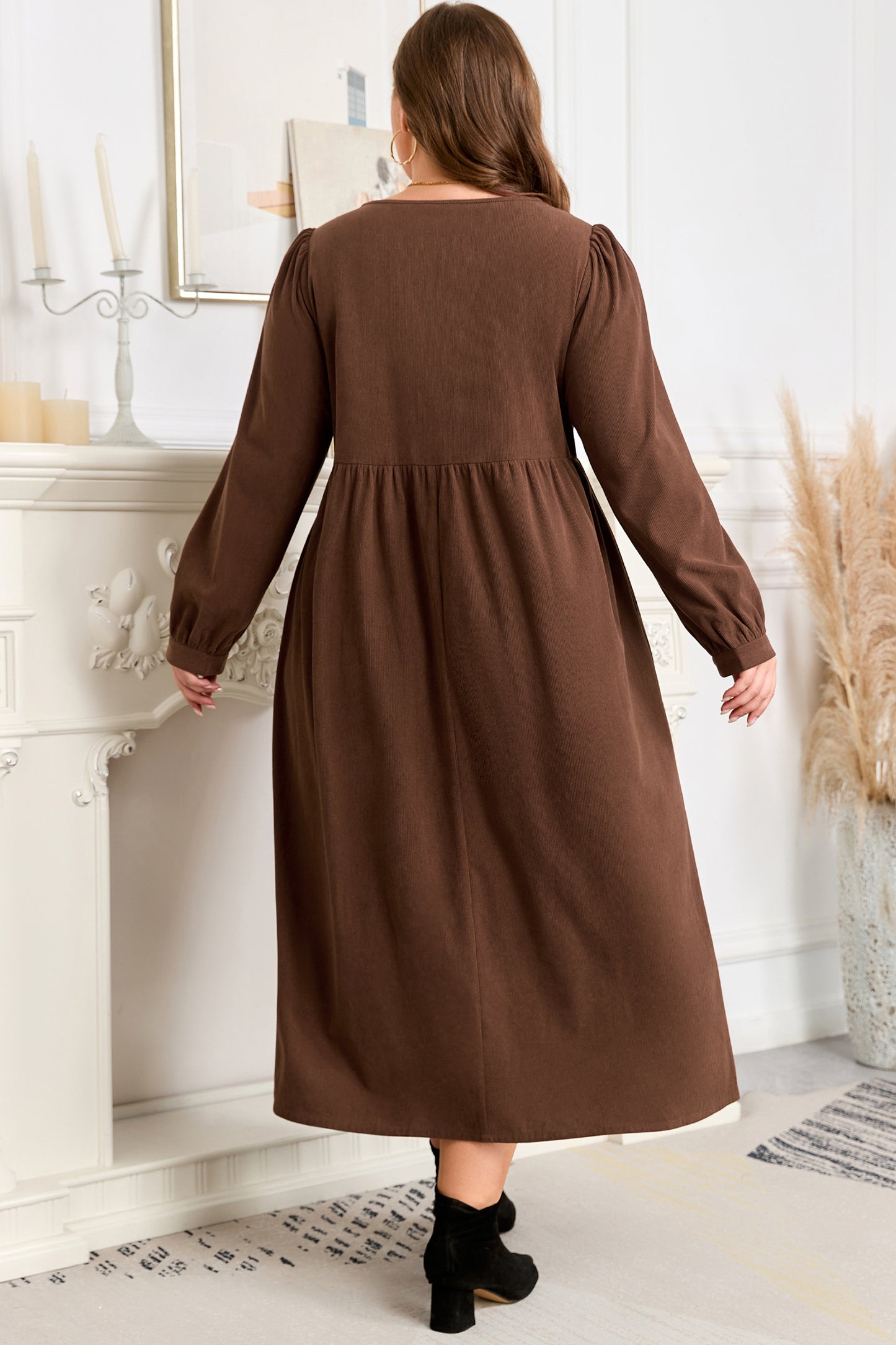 Plus Size Embroidered Notched Neck Pleated Midi Dress - Plus Size XL-4XL - View 2