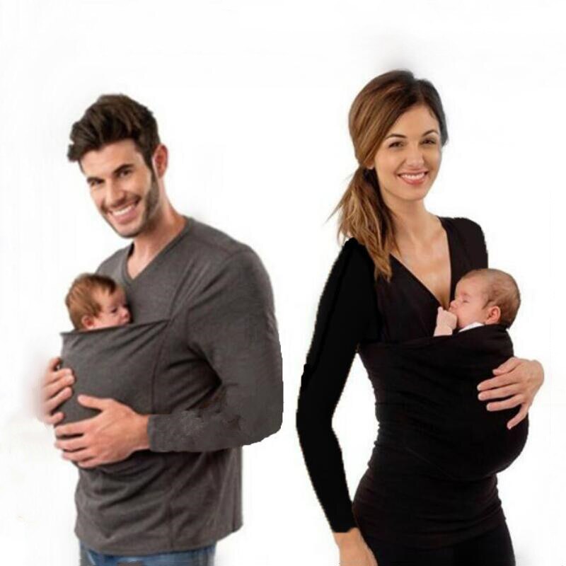 Maternity Baby Carrier Tees Kangaroo T-Shirt for Father Mother With Baby Long-sleeve Big Pocket Multifunction Tank Tops Clothes - Plus Size Clothing