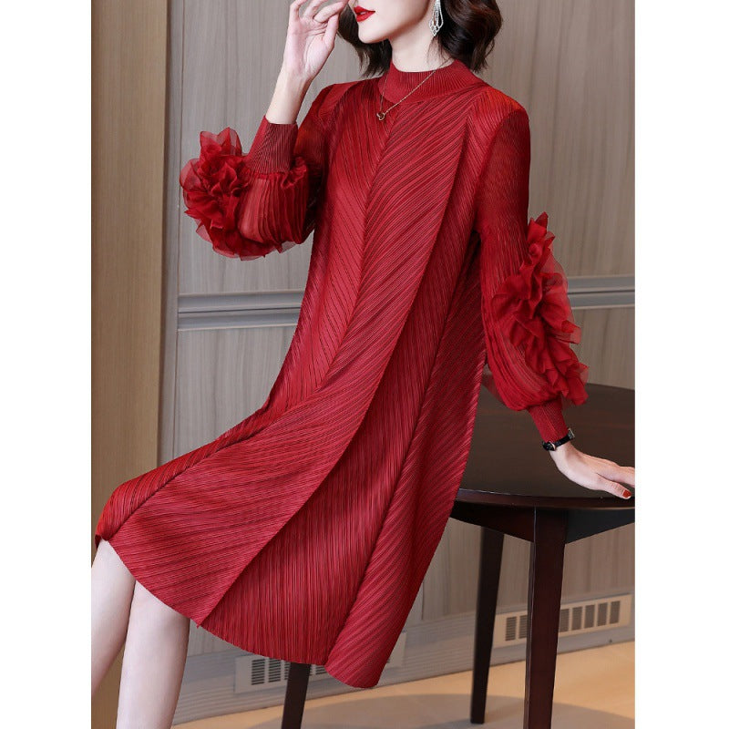 Elegant High-Quality Maternity Elastic Plus-Size Stand-Up Collar Knee-Length Heavyweight Pleated Dress for Women - Plus Size Clothing
