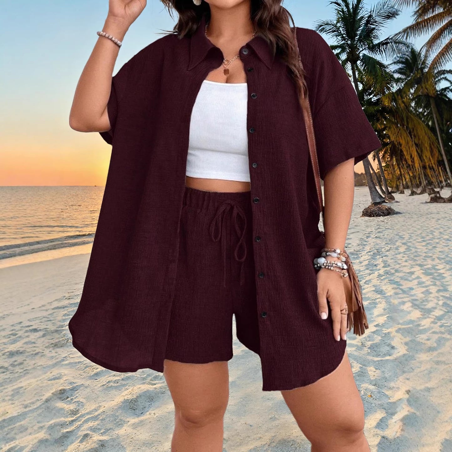 Plus Size Solid Color Vacation Button-Up Cardigan Shorts Set