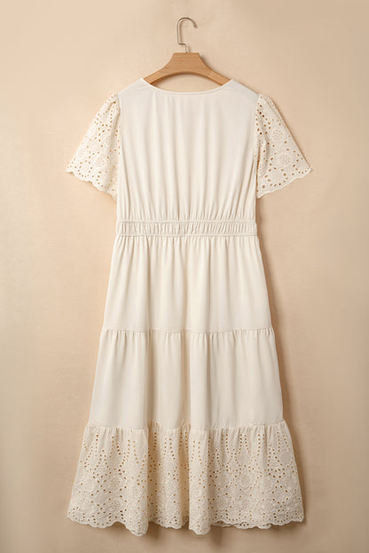 Plus Size V-Neck Lacy Embroidery Short Sleeve Maxi Dress - Plus Size Clothing