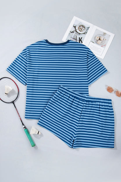 Plus Size Blue Striped Dropped Shoulder Tee and Shorts Set - Plus Size XL-4XL - View 4