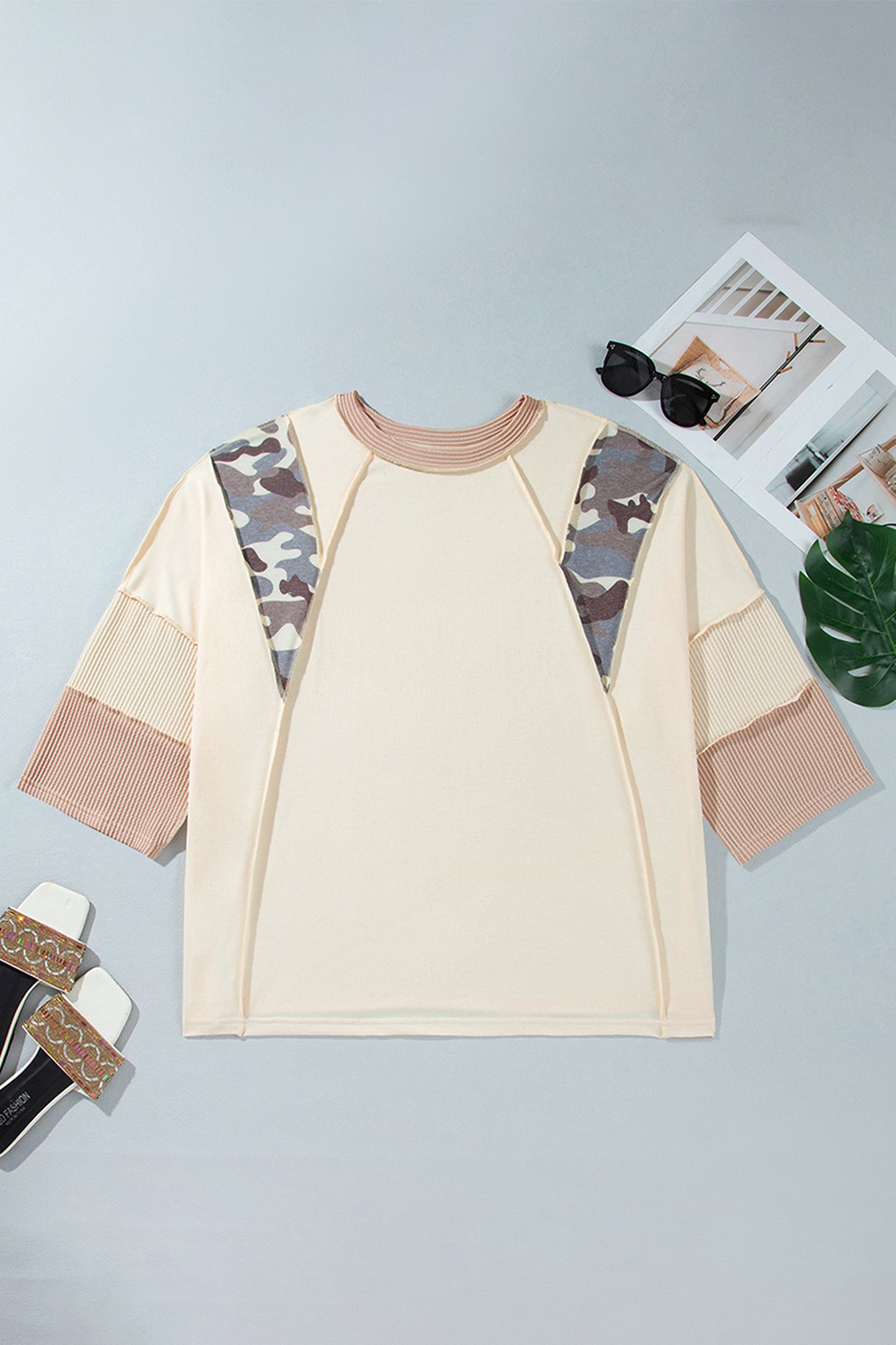 Plus Size Camo Panel Twist Rib Sleeve Blouse - Plus Size Clothing