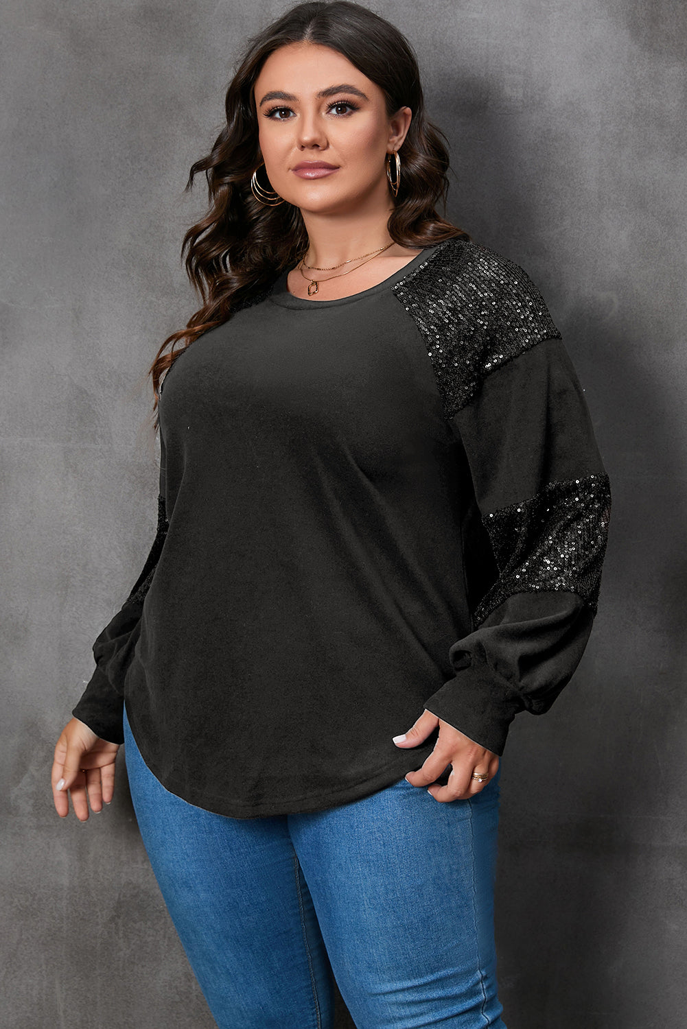 Plus Size Sequin Patchwork Crew Neck Long Sleeve Top