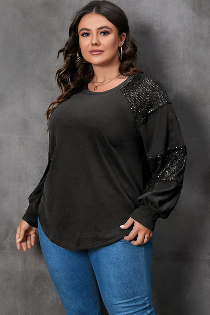 Plus Size Sequin Patchwork Crew Neck Long Sleeve Top
