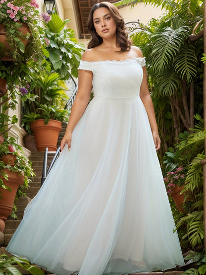 Plus Size Off-the-Shoulder Lace Bridal Gown - Plus Size Clothing