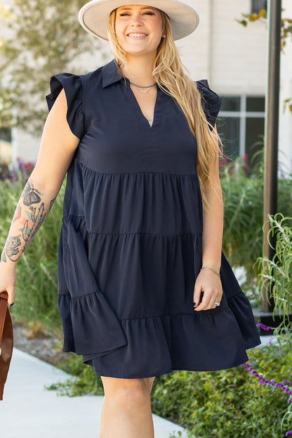 Plus Size Collared V Neck Flutter Sleeve Tiered Dress - Plus Size XL-4XL - View 4