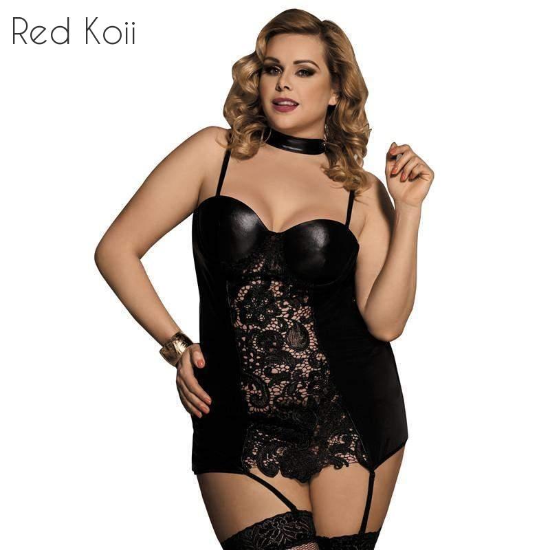 Plus Size Gartered Lace Faux Leather Lingerie - Plus Size XL-4XL