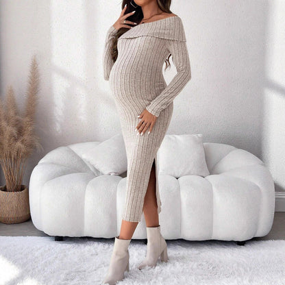 One-Shoulder Off-Shoulder, Fitted Bodycon Long Sleeve Knit Maternity Dress - Plus Size Clothing
