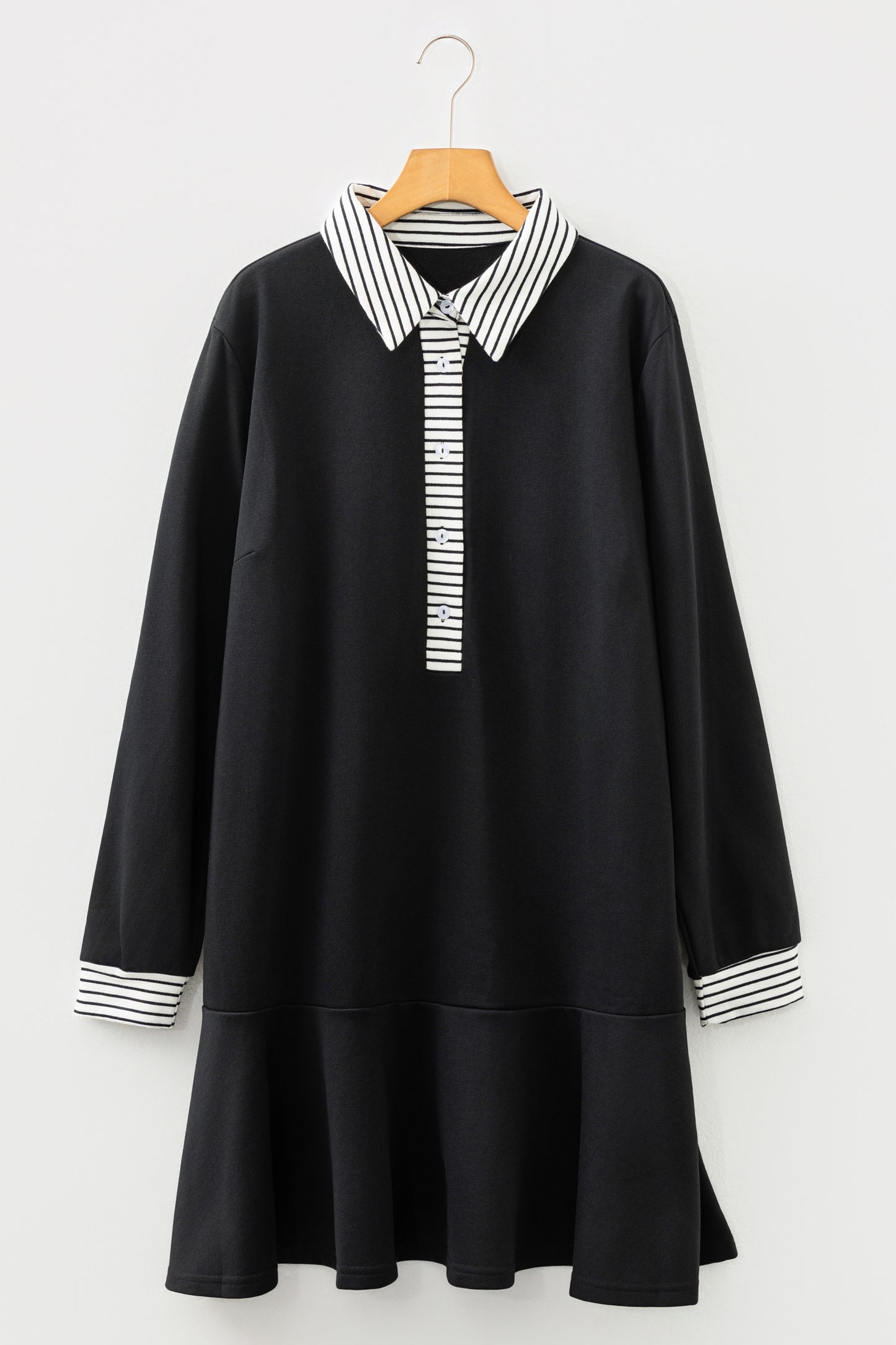 Plus Size Striped Polo Collar Ruffle Hem Shift Dress