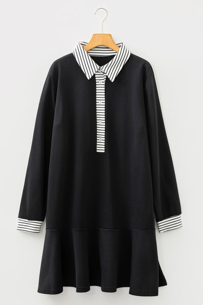 Plus Size Striped Polo Collar Ruffle Hem Shift Dress