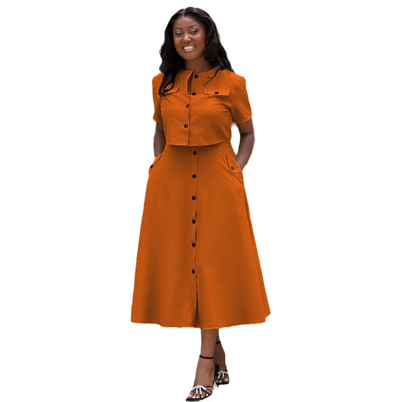 Temperament round neck short sleeved top high waisted breasted skirt set