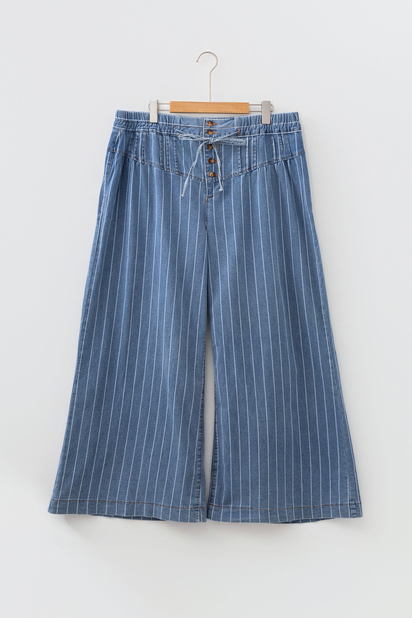 Plus Size Striped Buttoned Wide Leg Denim Pants