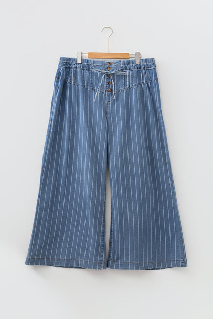 Plus Size Striped Buttoned Wide Leg Denim Pants