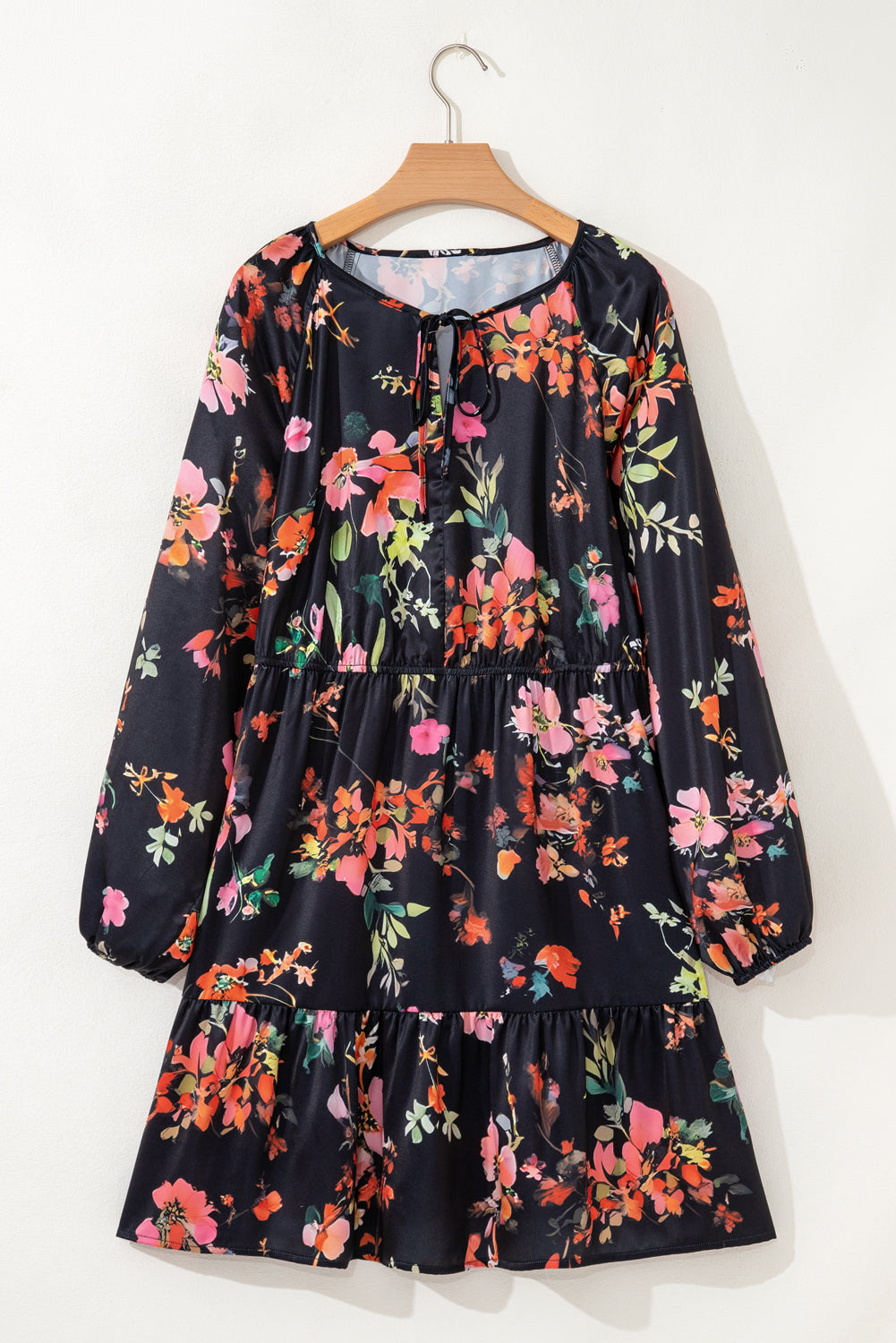Plus Size Floral Tie Neck Cinched Waist Mini Dress - Plus Size XL-4XL - View 8