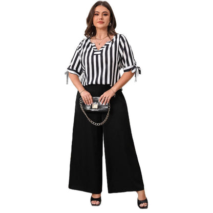Plus Size Casual Striped Top and Wide Leg Pants Set