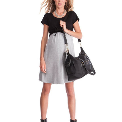 Summer short sleeved color matching maternity dress, breastfeeding lace up nursing suit - Plus Size Clothing