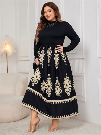 Plus Size Printed Mock Neck Midi Dress