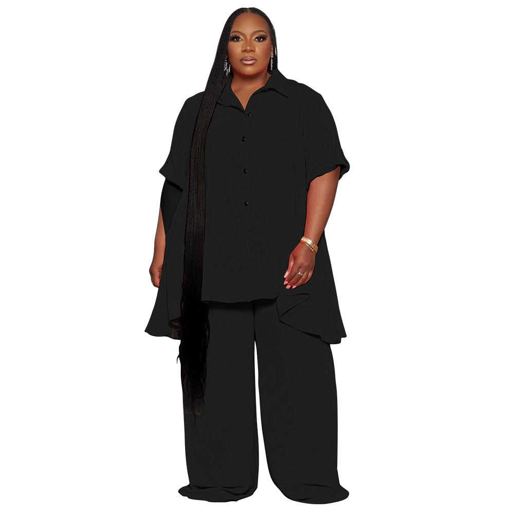 Plus Size Minimalist Button Top Wide Leg Pants Set