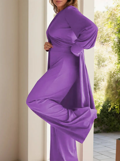 Plus Size Long Sleeve Wide Leg Pants Set