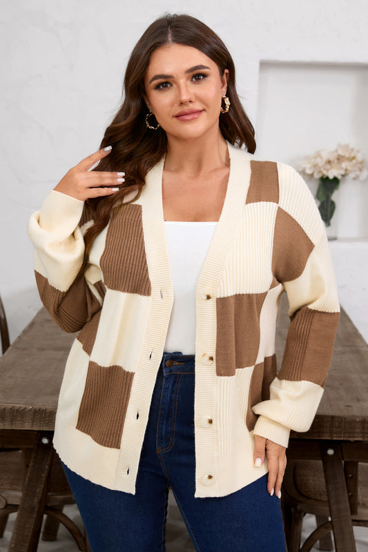 Plus Size Checkered Ribbed Knit Cardigan - Plus Size XL-4XL - View 1