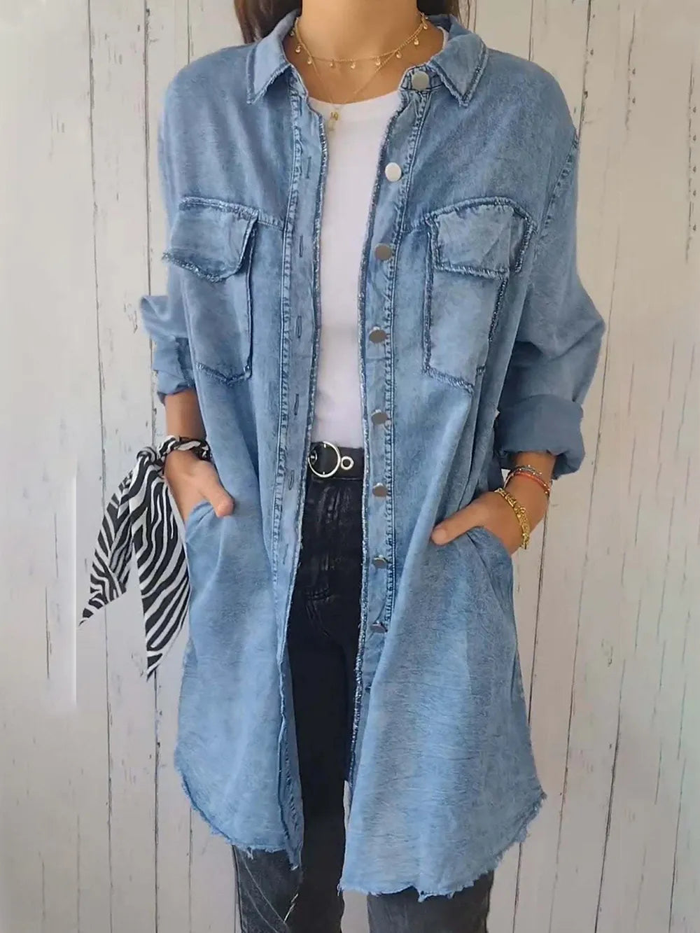 Plus Size Raw Hem Button Up Long Sleeve Denim Top