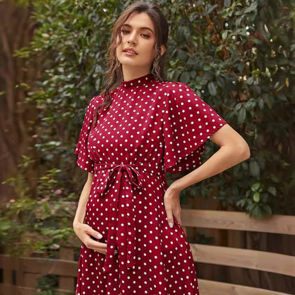 Fashionable and comfortable short sleeved polka dot chiffon maternity dress with straps - Plus Size Clothing