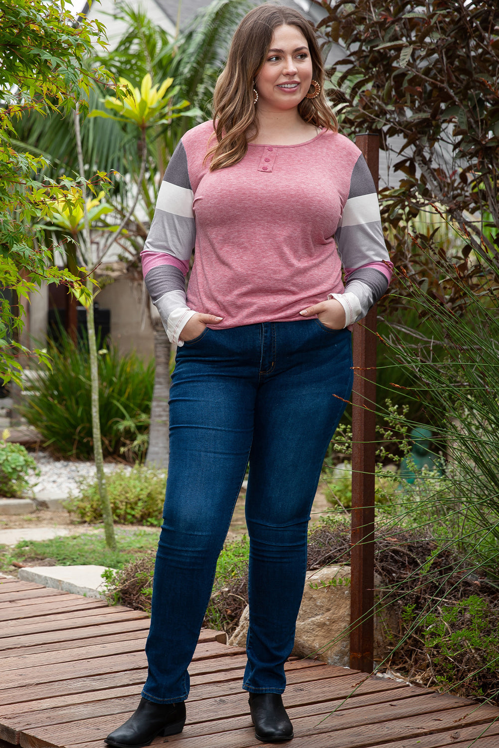 Plus Size Candy Striping Mock Henley Top
