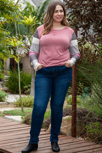 Plus Size Candy Striping Mock Henley Top