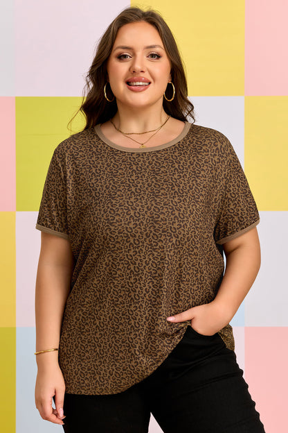 Plus Size Leopard Print Ribbed Trim Tee - Plus Size Clothing