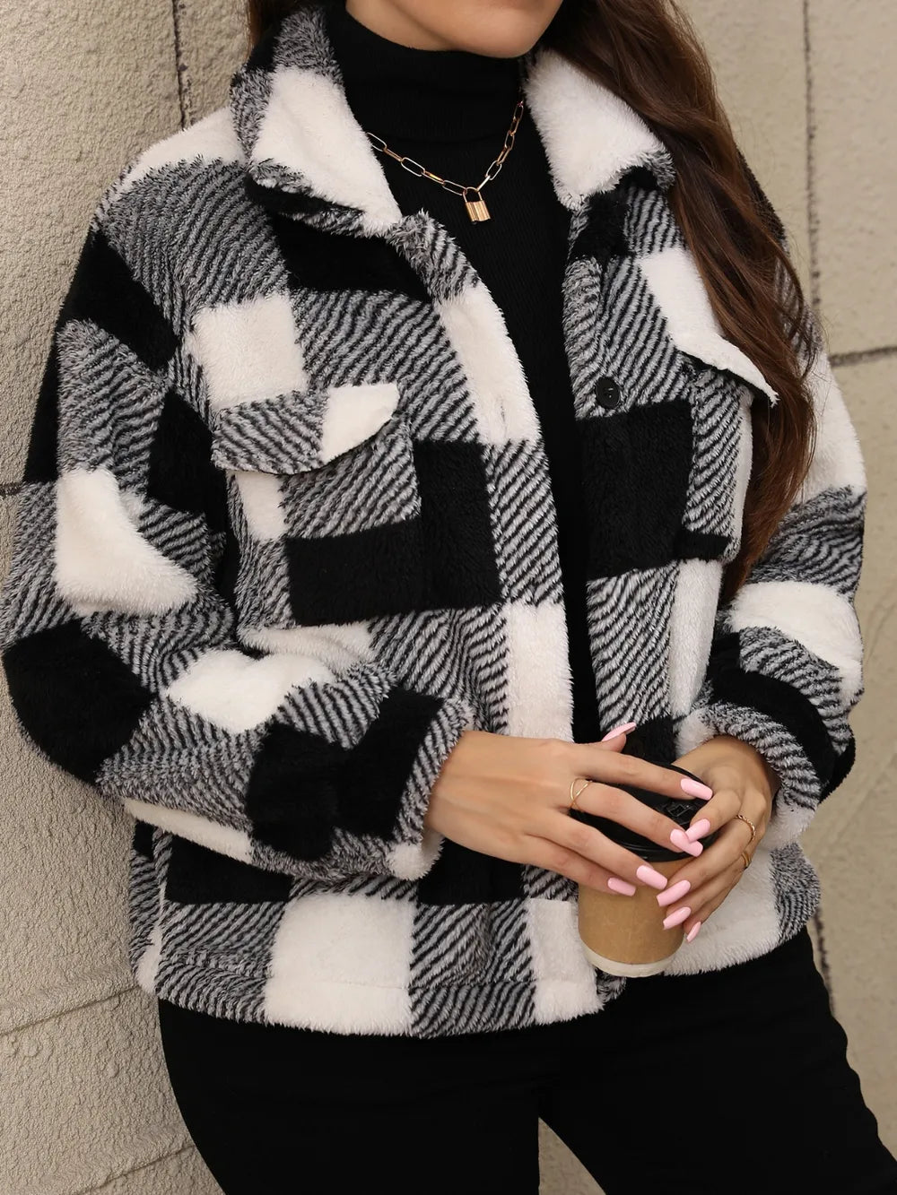Plus Size Pocketed Plaid Collared Jacket