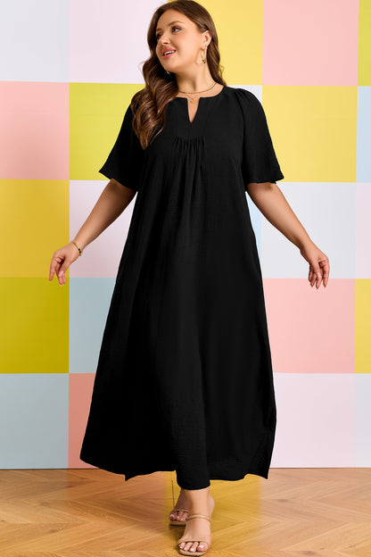 Plus Size Solid Notched Neck Short Sleeve Loose Dress - Plus Size XL-4XL - View 7
