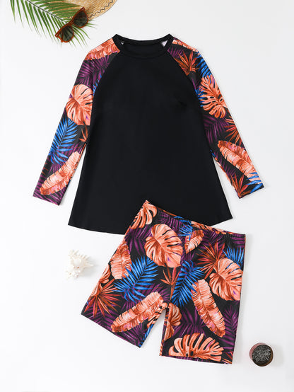 Plus Size Two-Piece Tankini Long Sleeve Swimwear - Plus Size Clothing