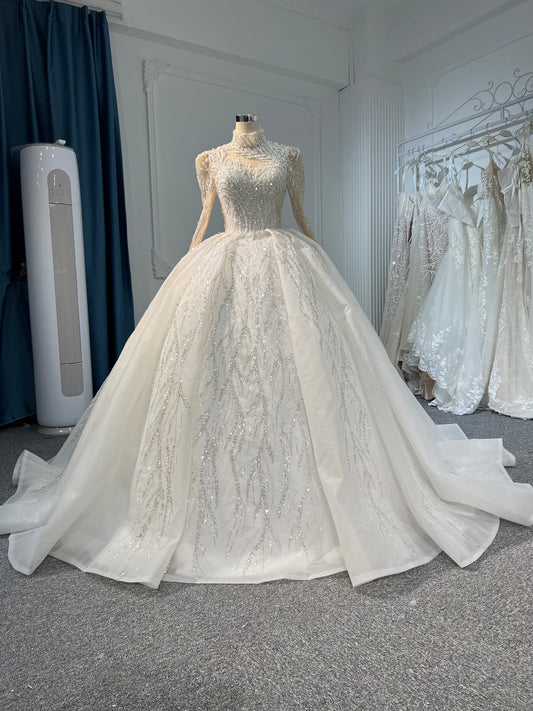 Plus Size Long-Sleeve High-Neck Beaded Sequin Wedding Dress
