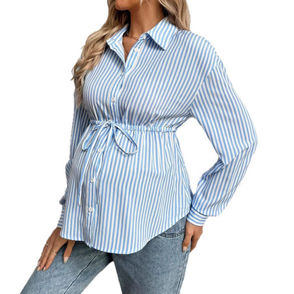 maternity clothing striped flip collar shirt long sleeve fitted waist mid-length blouse - Plus Size Clothing