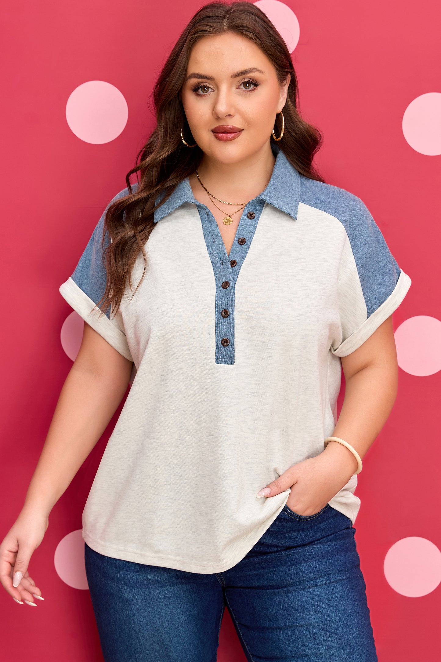 Plus Size Contrast Denim Patchwork Cuffed Sleeve Polo Tee