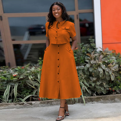 Plus Size Round Neck Short Sleeve Top & Skirt Set
