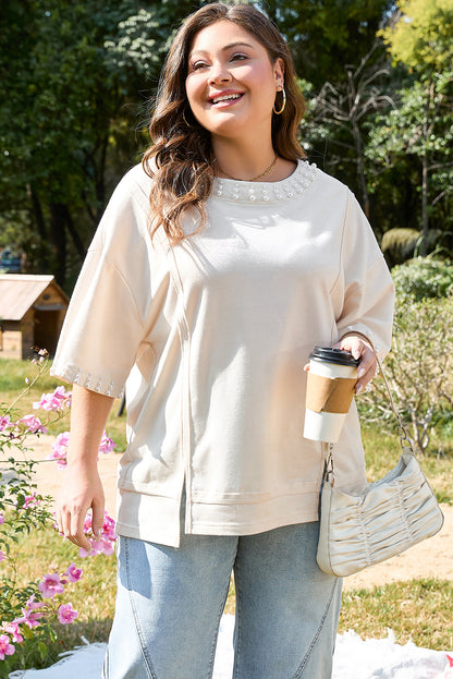 Plus Size Pearl Decor Crew Neck Half Sleeve T Shirt