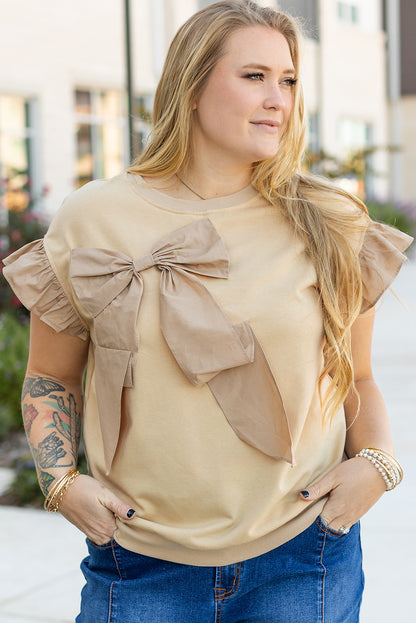 Plus Size Ruffled Bowknot Applique Crew Neck Top - Plus Size XL-4XL - View 1