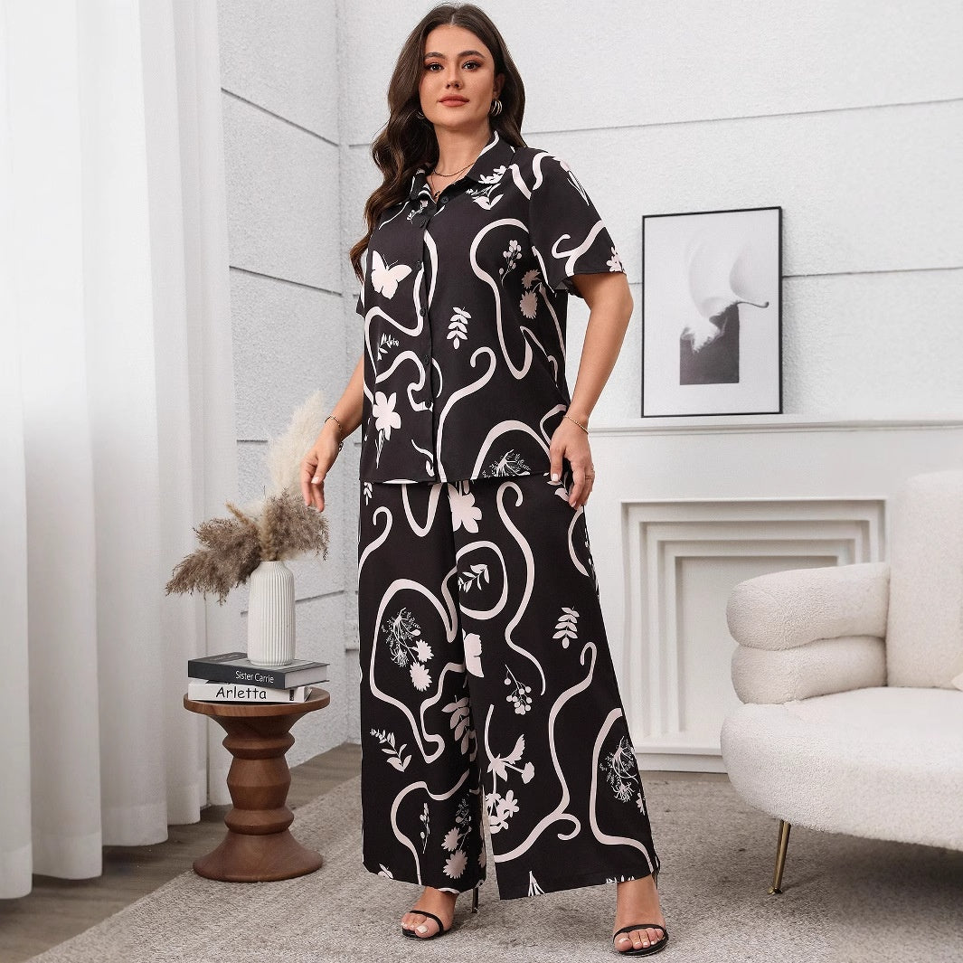 Plus Size Printed Loose Cardigan and Wide Leg Pants Set