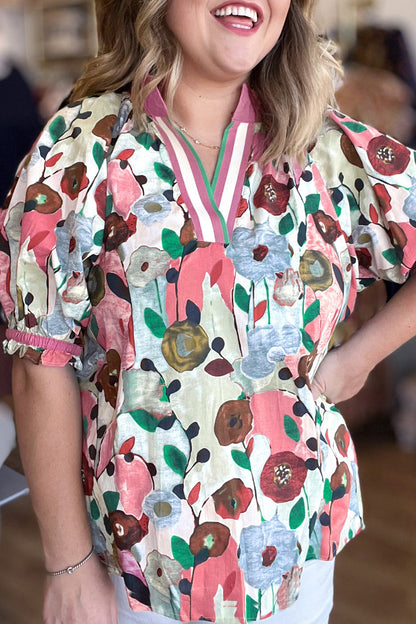 Plus Size V-Neck Puff Sleeve Floral Blouse